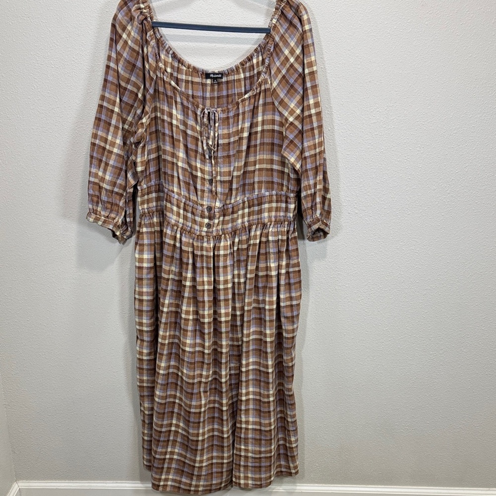 Madewell Gauze Sophia Midi Dress with 3/4‎ Sleeves flannel plaid nh280 - Picture 4 of 15